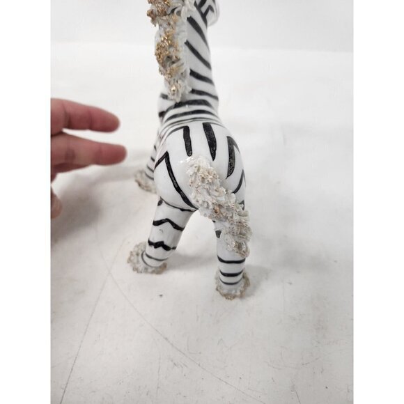 Vintage 1940 White Black Stripe Zebra Figurine Standing Ceramic Glittery Main - Picture 6 of 9